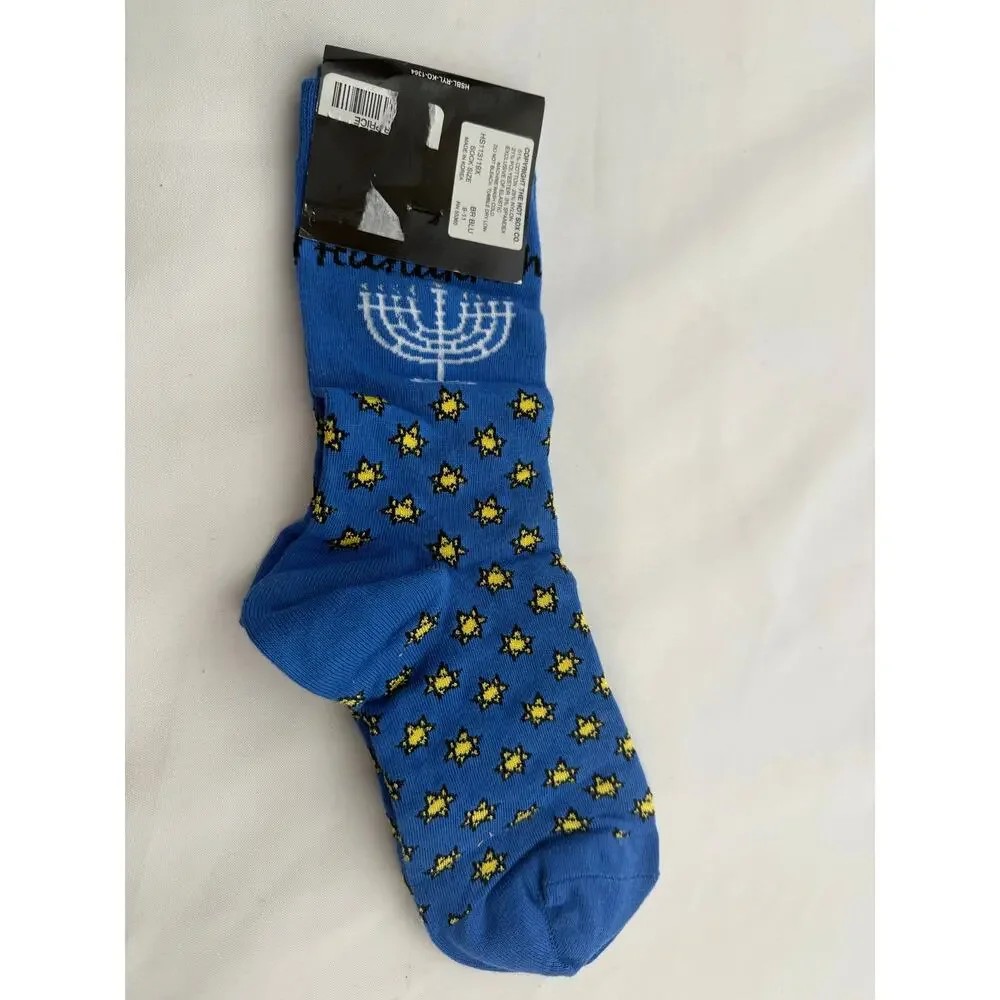SKU2508 Hot Sox Women Blue Hanukkah Chanukah Menorah  Star Crew Socks Size 9-11